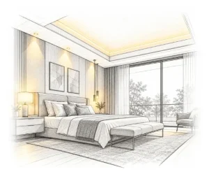 Pencil sketch of a bedroom with a warm cove-lit ceiling, dimmed wall washers, bedside lamp and pendants beside a full-height window